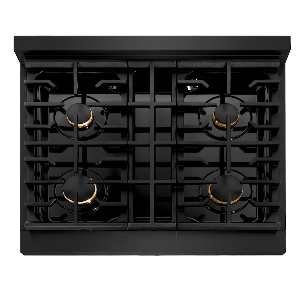 ZLINE Autograph Edition 30 in. 4.2 cu. ft. Paramount Gas Range with 4 Burner Cooktop and Convection Gas Oven in Black Stainless Steel and Champagne Bronze Accents (SGRBZ-30-CB) top-down, above cooktop.