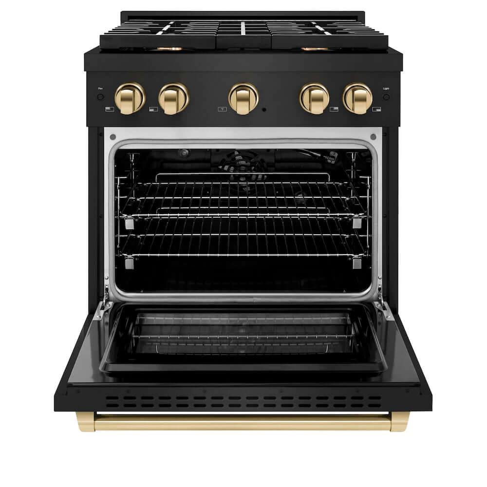 ZLINE Autograph Edition 30 in. Gas Range in Black Stainless Steel and Polished Gold Accents (SGRBZ-30-G) front, oven door open.