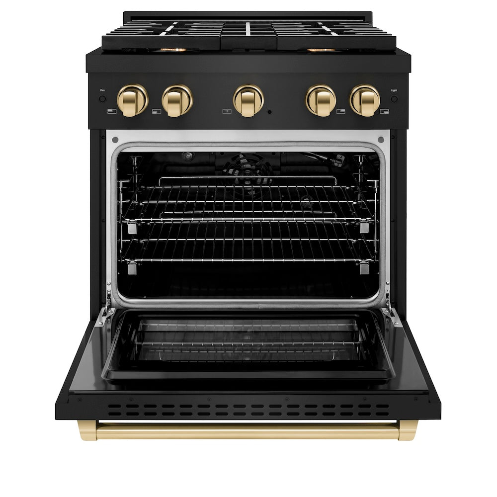 ZLINE Autograph Edition 30 in. 4.2 cu. ft. Paramount Gas Range with 4 Burner Cooktop and Convection Gas Oven in Black Stainless Steel and Polished Gold Accents (SGRBZ-30-G) front, oven open.