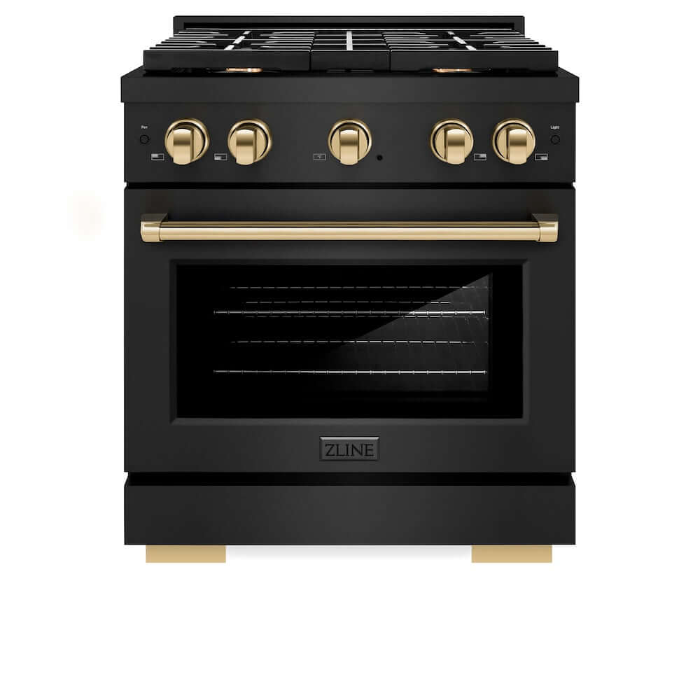 ZLINE Autograph Edition 30 in. Gas Range in Black Stainless Steel and Polished Gold Accents (SGRBZ-30-G) front, oven door closed.