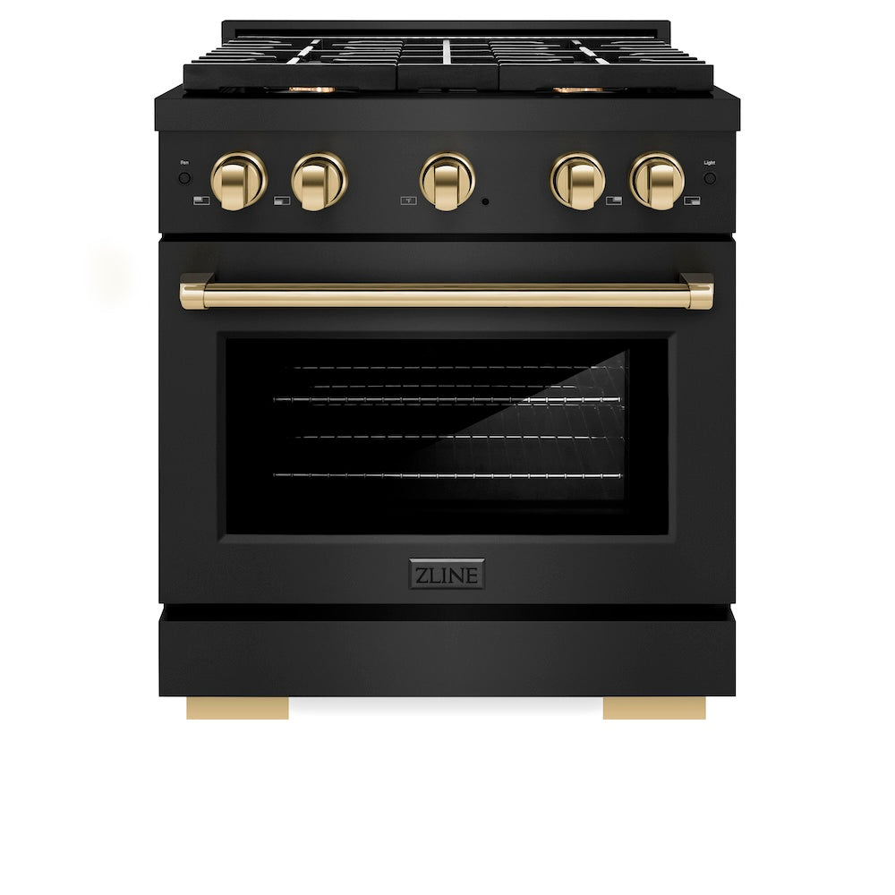 ZLINE Autograph Edition 30 in. 4.2 cu. ft. Paramount Gas Range with 4 Burner Cooktop and Convection Gas Oven in Black Stainless Steel and Polished Gold Accents (SGRBZ-30-G) front.
