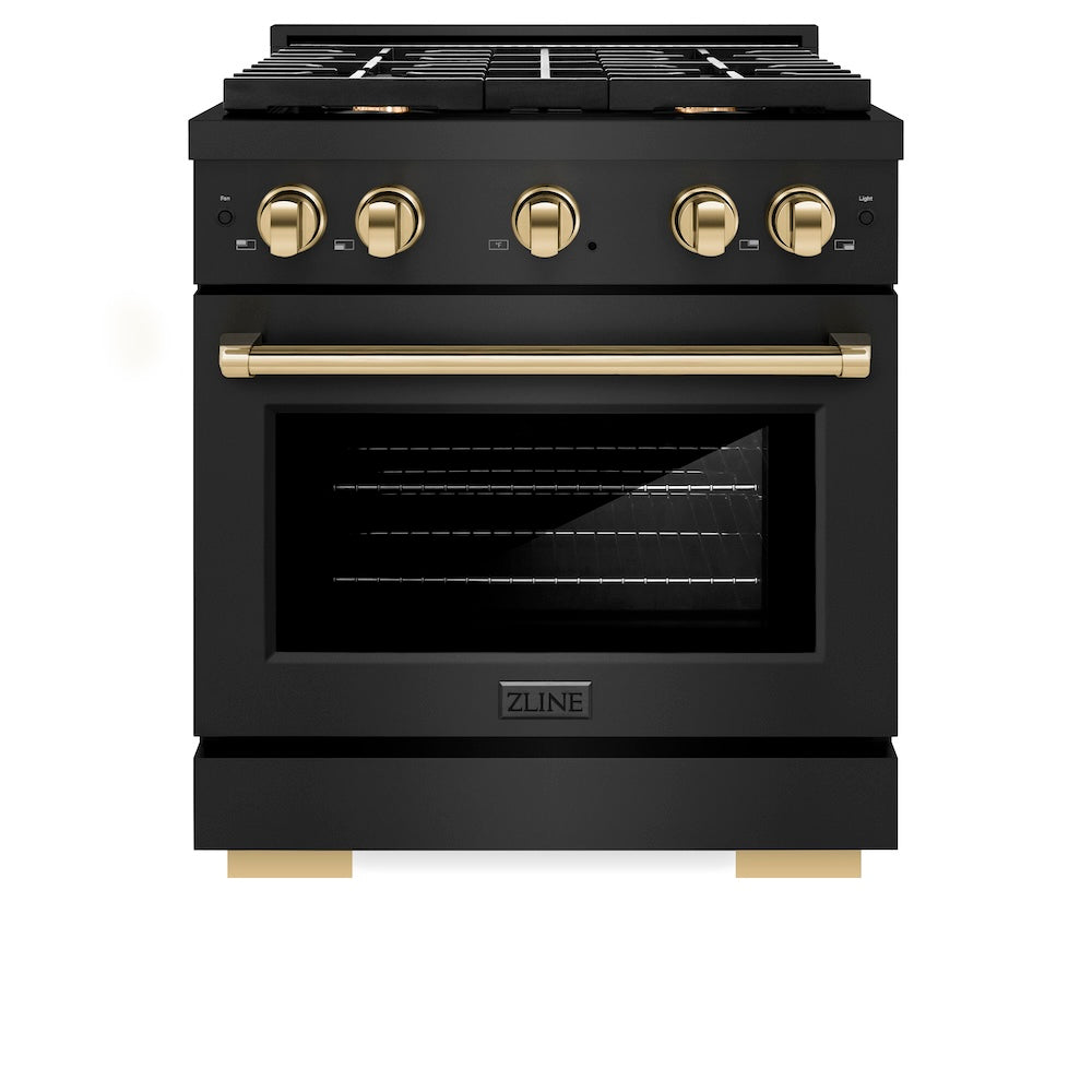 ZLINE Autograph Edition 30 in. 4.2 cu. ft. Paramount Gas Range with 4 Burner Cooktop and Convection Gas Oven in Black Stainless Steel and Polished Gold Accents (SGRBZ-30-G) front, oven closed.