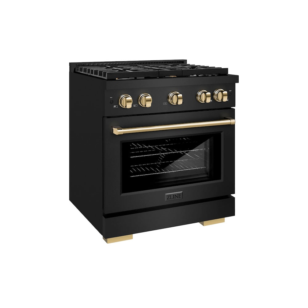 ZLINE Autograph Edition 30 in. 4.2 cu. ft. Paramount Gas Range with 4 Burner Cooktop and Convection Gas Oven in Black Stainless Steel and Polished Gold Accents (SGRBZ-30-G)