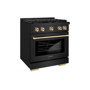 ZLINE Autograph Edition 30 in. 4.2 cu. ft. Paramount Gas Range with 4 Burner Cooktop and Convection Gas Oven in Black Stainless Steel and Polished Gold Accents, Open Box-Good Condition main image.