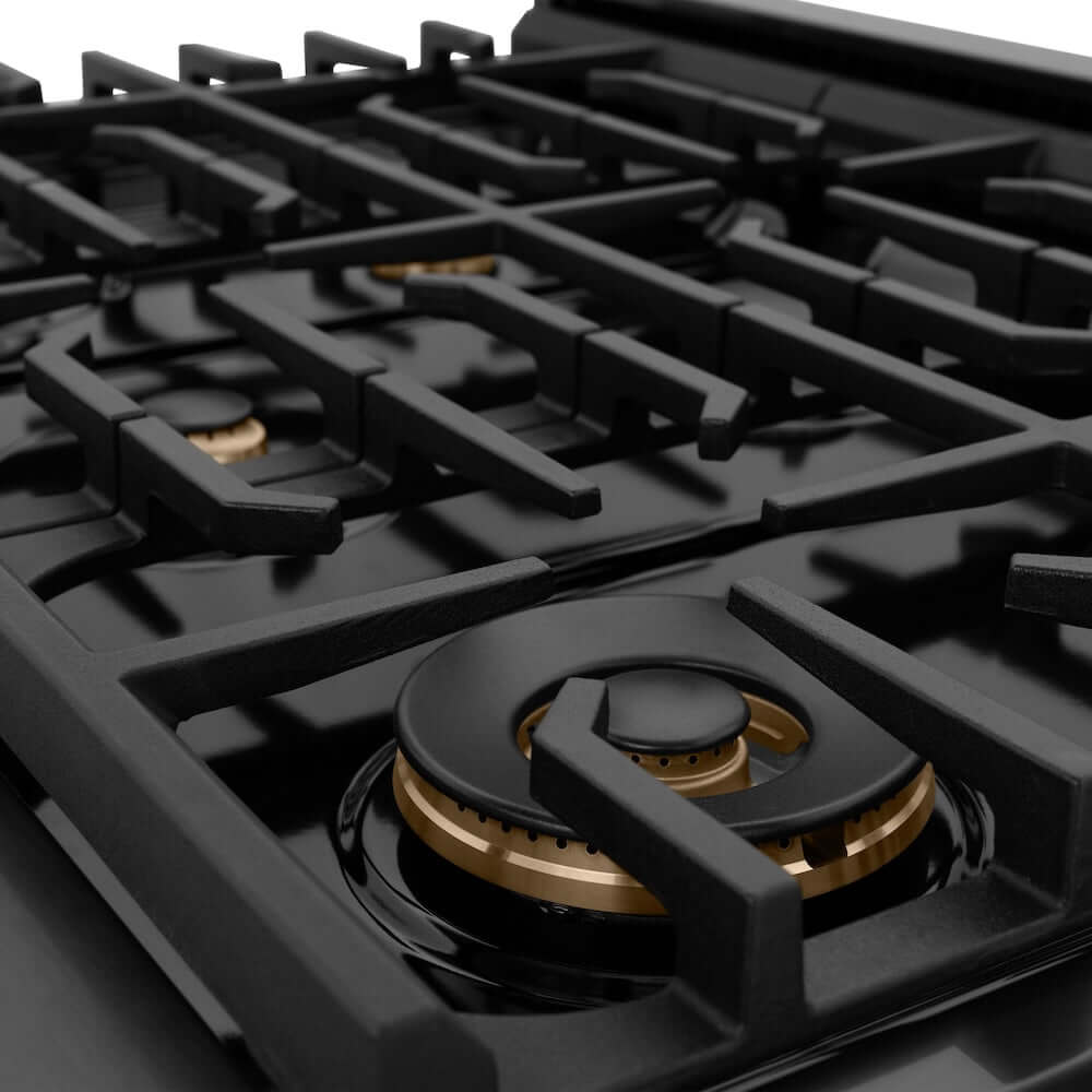 ZLINE 36-inch Gas Range in Black Stainless Steel cast-iron grates and brass burners closeup.