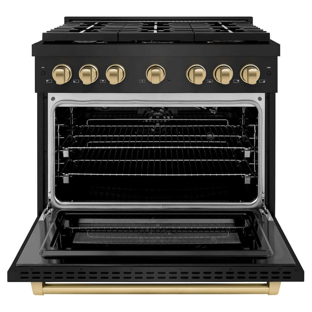 ZLINE Autograph Edition 36 in. Gas Range in Black Stainless Steel and Champagne Bronze Accents (SGRBZ-36-CB) front, oven door open.