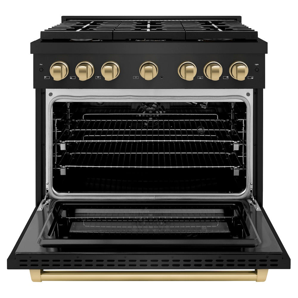 ZLINE Autograph Edition 36 in. 5.2 cu. ft. Paramount Gas Range with 6 Burner Cooktop and Convection Gas Oven in Black Stainless Steel and Champagne Bronze Accents (SGRBZ-36-CB) front, oven open.