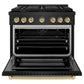 ZLINE Autograph Edition 36 in. 5.2 cu. ft. Paramount Gas Range with 6 Burner Cooktop and Convection Gas Oven in Black Stainless Steel and Champagne Bronze Accents (SGRBZ-36-CB) front, oven open.