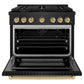 ZLINE Autograph Edition 36 in. 5.2 cu. ft. Paramount Gas Range with 6 Burner Cooktop and Convection Gas Oven in Black Stainless Steel and Champagne Bronze Accents, Open Box-Great Condition