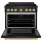 ZLINE Autograph Edition 36 in. 5.2 cu. ft. Paramount Gas Range with 6 Burner Cooktop and Convection Gas Oven in Black Stainless Steel and Champagne Bronze Accents, Open Box-Great Condition