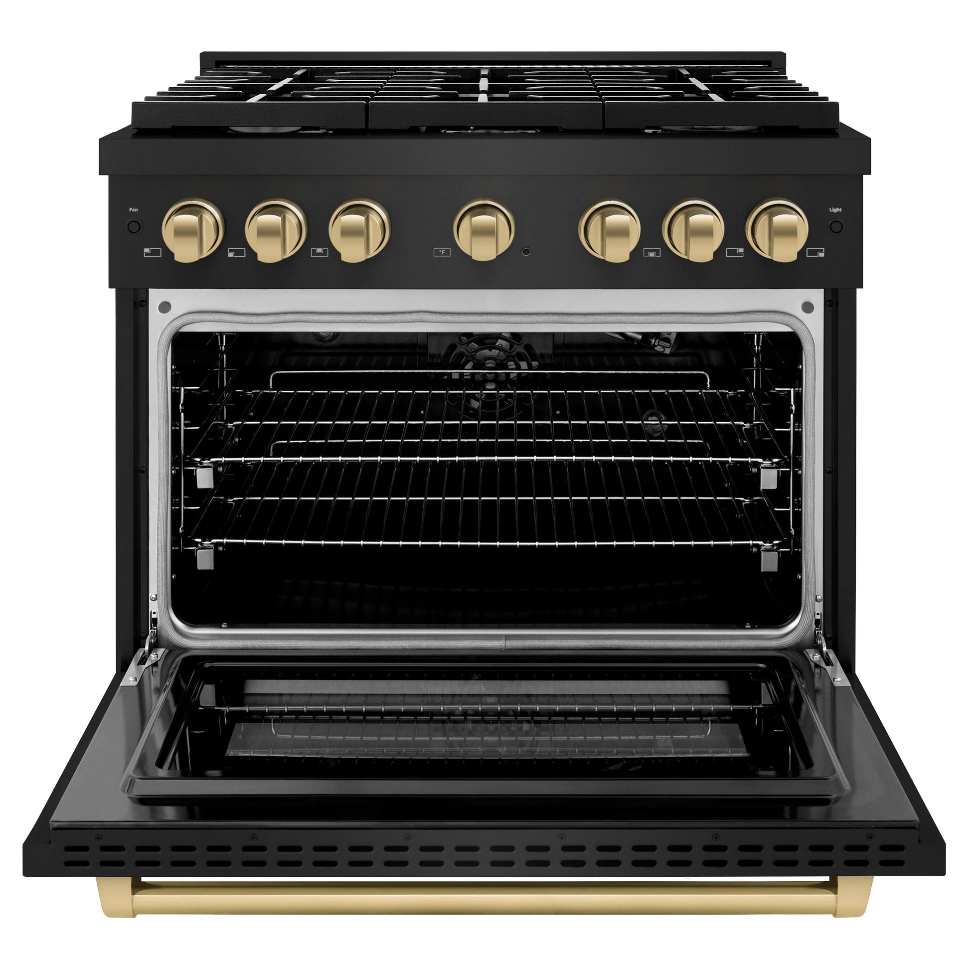 ZLINE Autograph Edition 36 in. 5.2 cu. ft. Paramount Gas Range with 6 Burner Cooktop and Convection Gas Oven in Black Stainless Steel and Champagne Bronze Accents, Open Box-Great Condition
