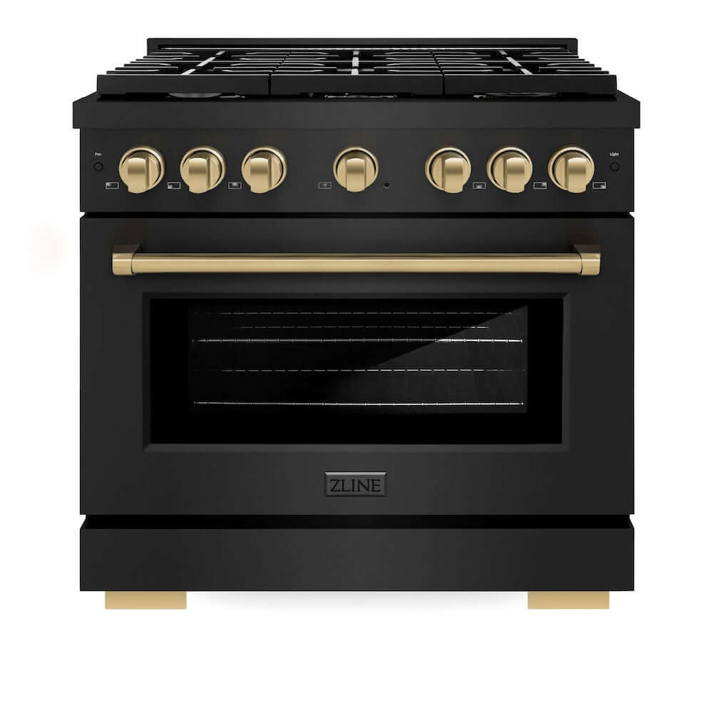 ZLINE Autograph Edition 36 in. Gas Range in Black Stainless Steel and Champagne Bronze Accents (SGRBZ-36-CB) front, oven door closed.