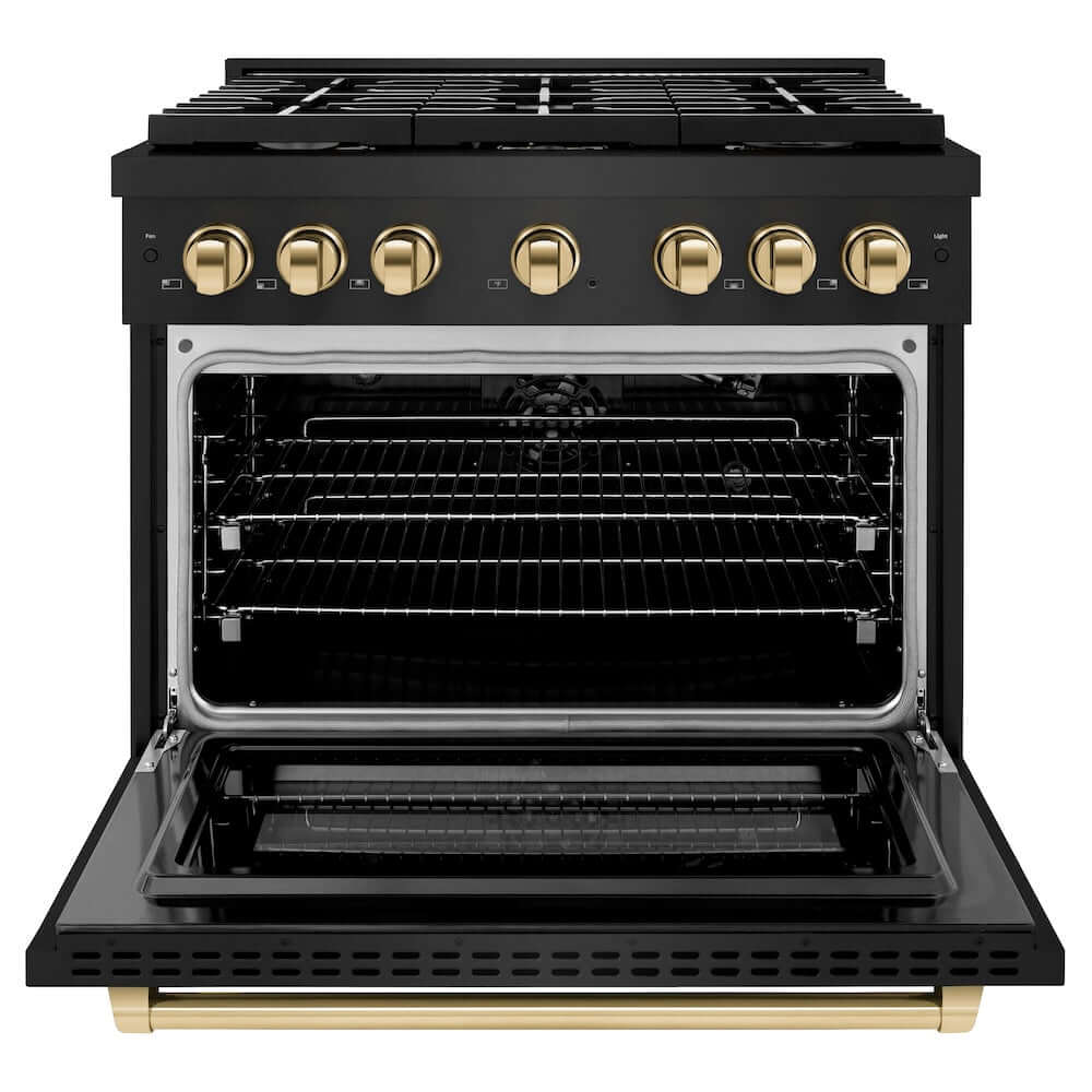 ZLINE Autograph Edition 36 in. 5.2 cu. ft. 6 Burner Gas Range with Convection Gas Oven in Black Stainless Steel and Polished Gold Accents (SGRBZ-36-G) front, oven open.