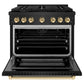 ZLINE Autograph Edition 36 in. 5.2 cu. ft. Paramount Gas Range with 6 Burner Cooktop and Convection Gas Oven in Black Stainless Steel and Polished Gold Accents, Open Box-Great Condition
