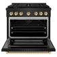 ZLINE Autograph Edition 36 in. 5.2 cu. ft. Paramount Gas Range with 6 Burner Cooktop and Convection Gas Oven in Black Stainless Steel and Polished Gold Accents, Open Box-Great Condition
