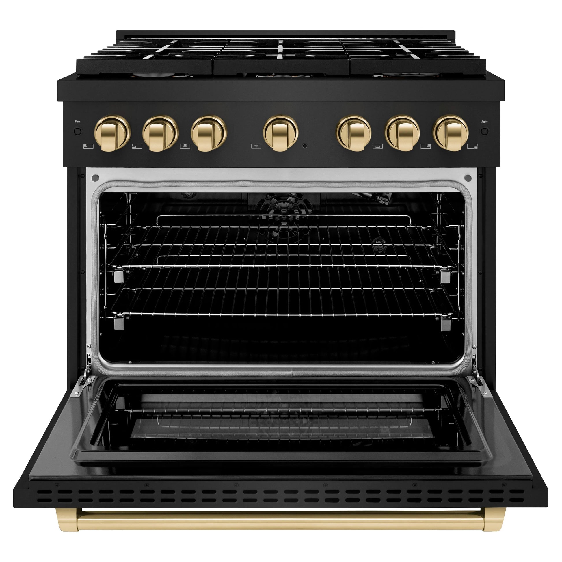 ZLINE Autograph Edition 36 in. 5.2 cu. ft. Paramount Gas Range with 6 Burner Cooktop and Convection Gas Oven in Black Stainless Steel and Polished Gold Accents, Open Box-Great Condition