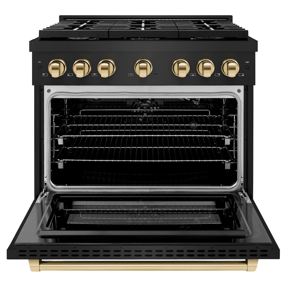 ZLINE Autograph Edition 36 in. 5.2 cu. ft. Paramount Gas Range with 6 Burner Cooktop and Convection Gas Oven in Black Stainless Steel and Polished Gold Accents (SGRBZ-36-G) front, oven open.