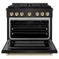 ZLINE Autograph Edition 36 in. 5.2 cu. ft. Paramount Gas Range with 6 Burner Cooktop and Convection Gas Oven in Black Stainless Steel and Polished Gold Accents (SGRBZ-36-G) front, oven open.