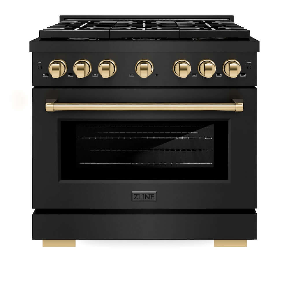 ZLINE Autograph Edition 36 in. 5.2 cu. ft. 6 Burner Gas Range with Convection Gas Oven in Black Stainless Steel and Polished Gold Accents (SGRBZ-36-G) front, oven closed.