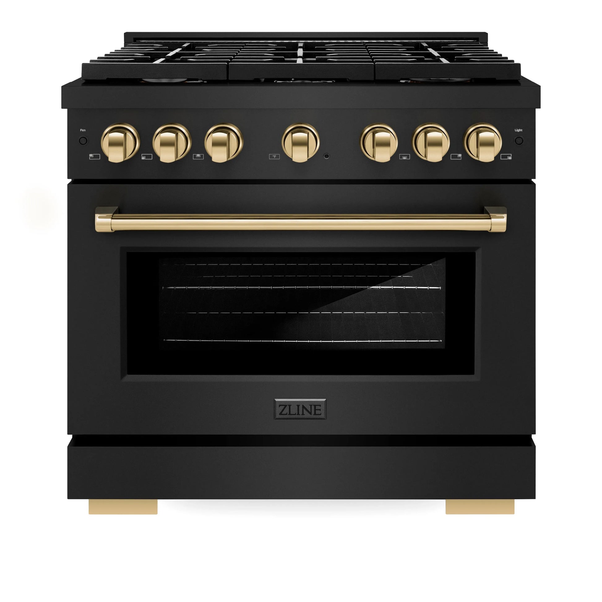 ZLINE Autograph Edition 36 in. 5.2 cu. ft. Paramount Gas Range with 6 Burner Cooktop and Convection Gas Oven in Black Stainless Steel and Polished Gold Accents, Open Box-Great Condition