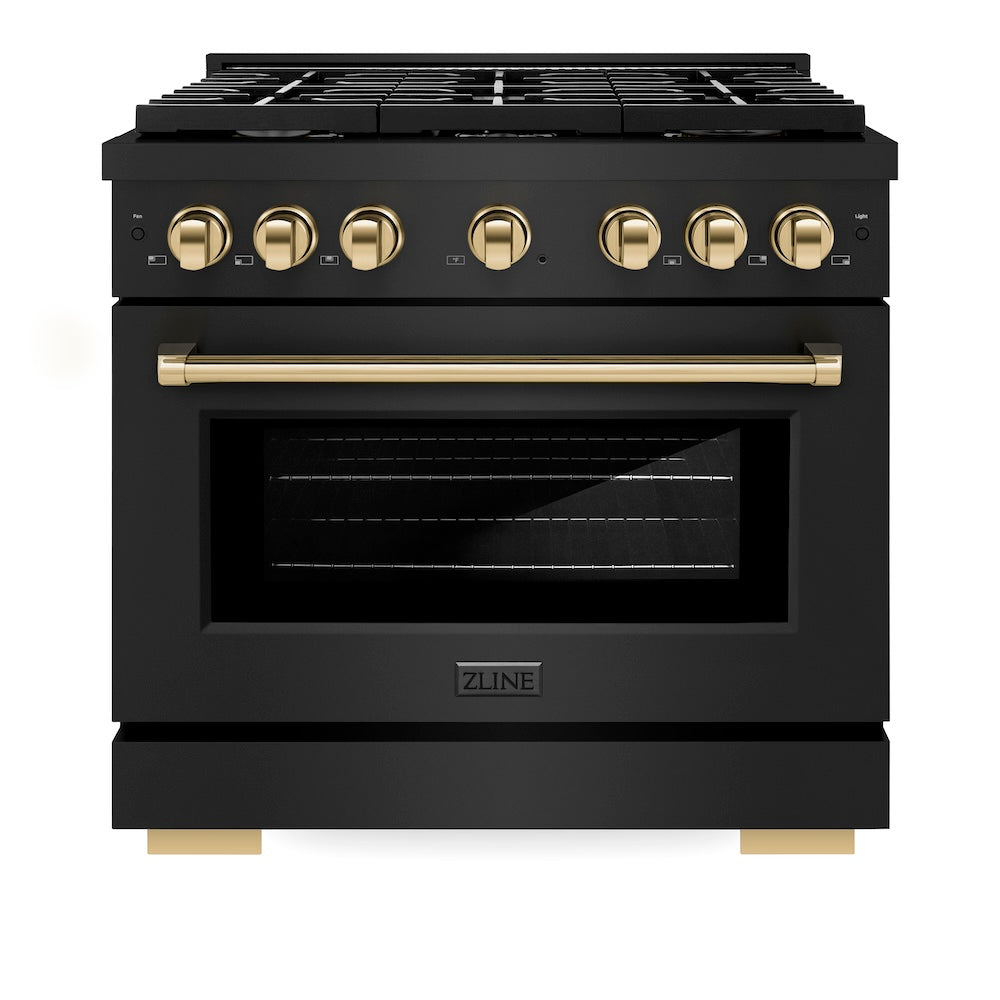 ZLINE Autograph Edition 36 in. 5.2 cu. ft. Paramount Gas Range with 6 Burner Cooktop and Convection Gas Oven in Black Stainless Steel and Polished Gold Accents (SGRBZ-36-G) front, oven closed.