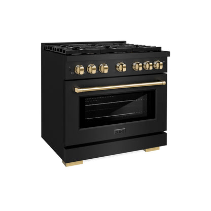 ZLINE Autograph Edition 36 in. 5.2 cu. ft. Paramount Gas Range with 6 Burner Cooktop and Convection Gas Oven in Black Stainless Steel and Polished Gold Accents, Open Box-Great Condition main image.