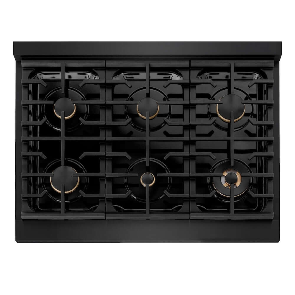ZLINE Autograph Edition 36 in. Gas Range in Black Stainless Steel and Polished Gold Accents (SGRBZ-36-G) from above, showing 6-burner cooktop with brass burners and cast-iron grill.