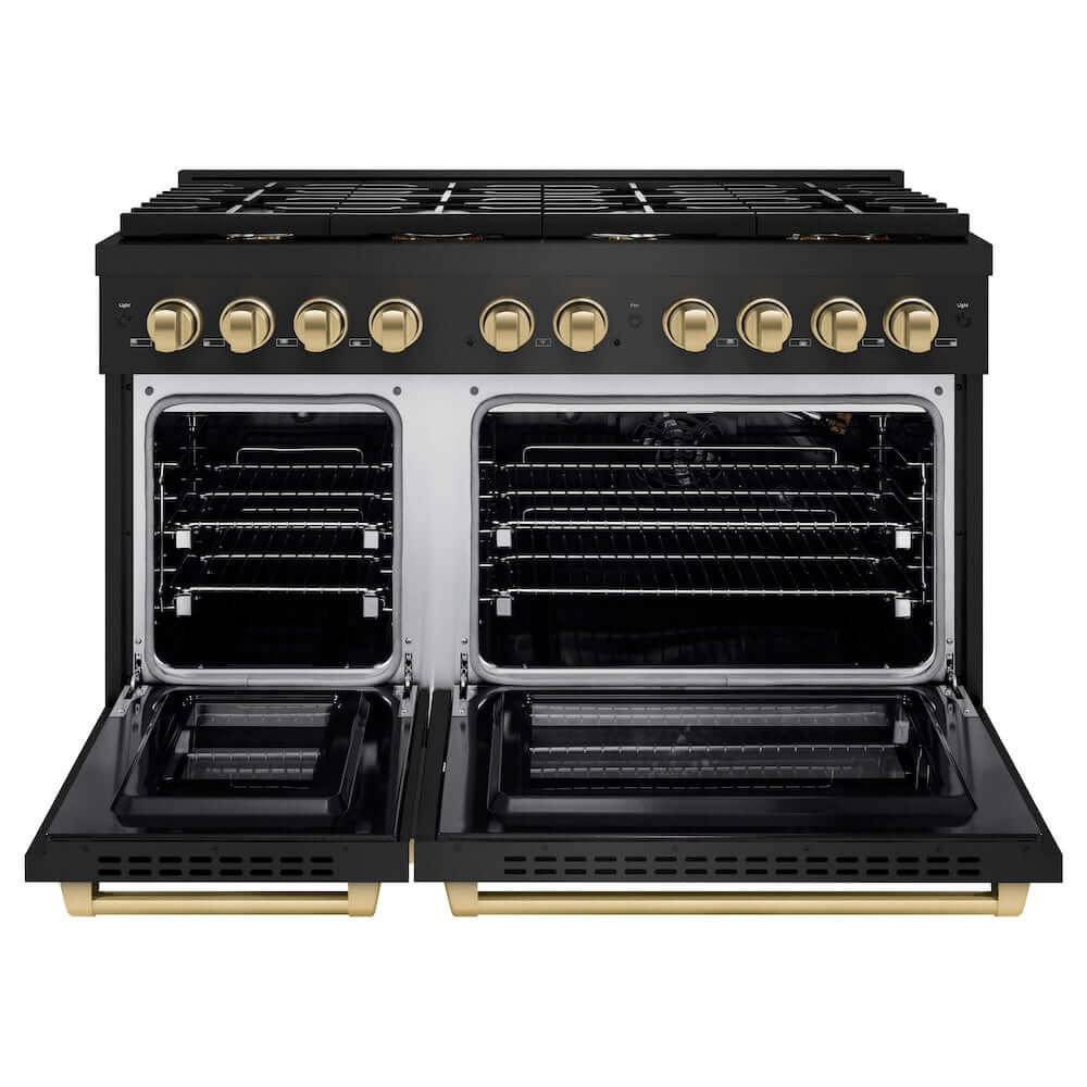 ZLINE Autograph Edition 48 in. 6.7 cu. ft. 8 Burner Double Oven Gas Range in Black Stainless Steel and Champagne Bronze Accents (SGRBZ-48-CB) front, oven open.