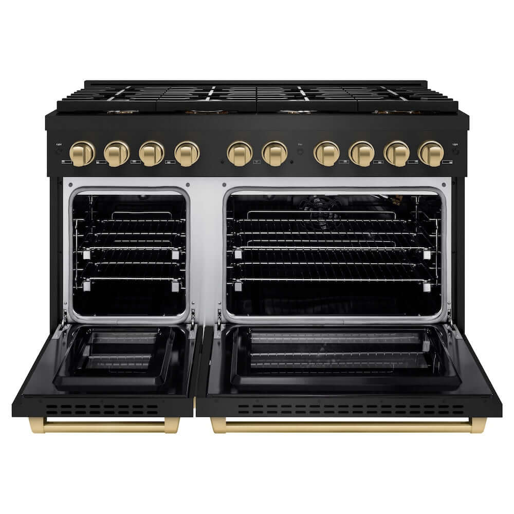 ZLINE Autograph Edition 48 in. 6.7 cu. ft. Paramount Double Oven Gas Range with 8 Burner Cooktop in Black Stainless Steel and Champagne Bronze Accents (SGRBZ-48-CB) front, oven open.