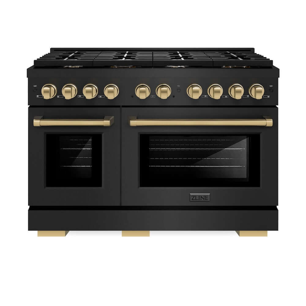 ZLINE Autograph Edition 48 in. 6.7 cu. ft. Paramount Double Oven Gas Range with 8 Burner Cooktop in Black Stainless Steel and Champagne Bronze Accents (SGRBZ-48-CB) front, oven closed.