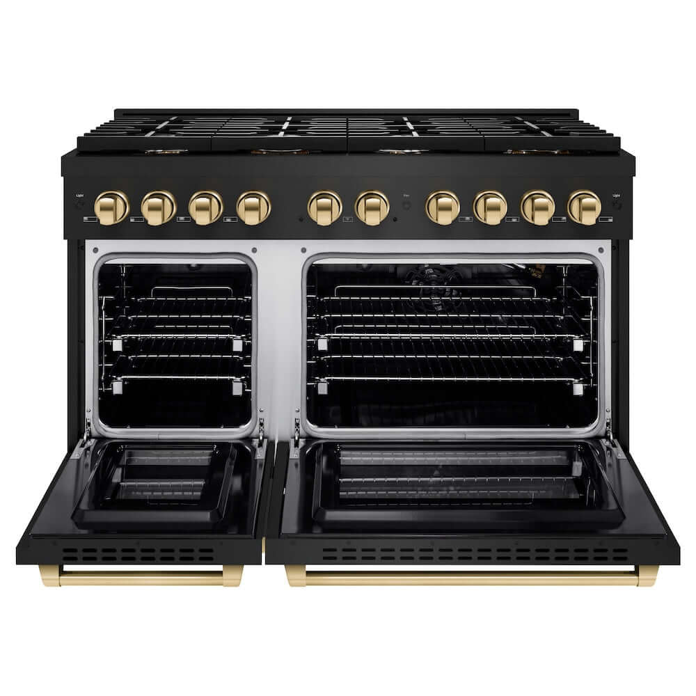 ZLINE Autograph Edition 48 in. 6.7 cu. ft. 8 Burner Double Oven Gas Range in Black Stainless Steel and Polished Gold Accents (SGRBZ-48-G) front, oven open.