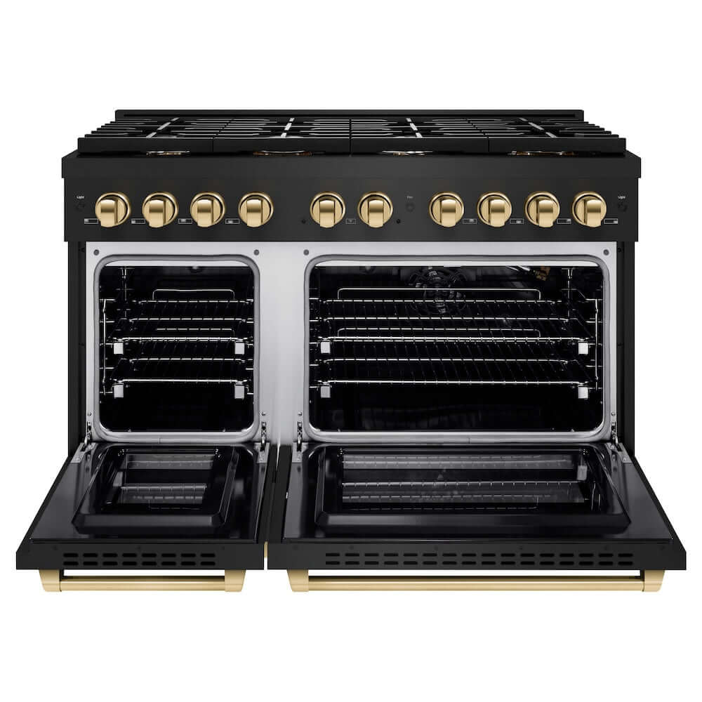 ZLINE Autograph Edition 48 in. 6.7 cu. ft. Paramount Double Oven Gas Range with 8 Burner Cooktop in Black Stainless Steel and Polished Gold Accents (SGRBZ-48-G) front, oven open.