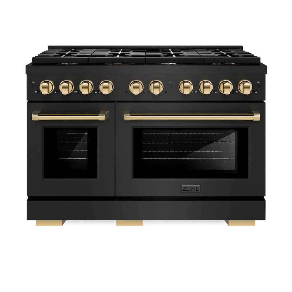 ZLINE Autograph Edition 48 in. 6.7 cu. ft. Paramount Double Oven Gas Range with 8 Burner Cooktop in Black Stainless Steel and Polished Gold Accents (SGRBZ-48-G) front, oven closed.