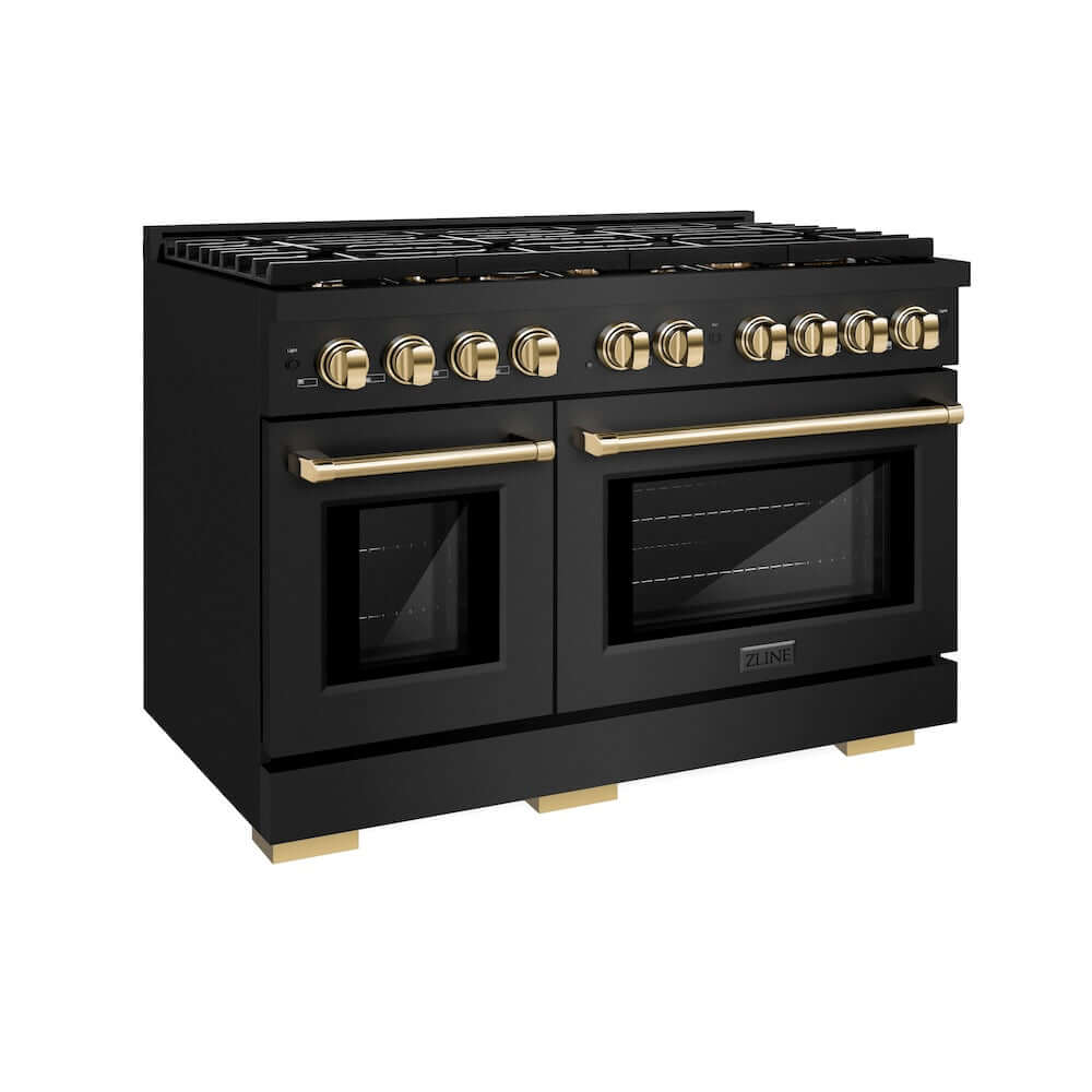 ZLINE Autograph Edition 48 in. 6.7 cu. ft. 8 Burner Double Oven Gas Range in Black Stainless Steel and Polished Gold Accents (SGRBZ-48-G)