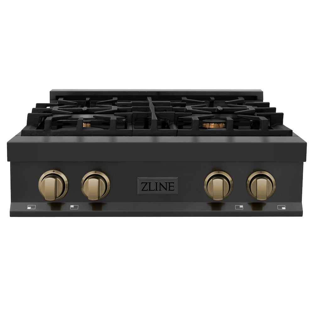 ZLINE Autograph Edition 30 in. Porcelain Rangetop with 4 Gas Burners in Black Stainless Steel and Champagne Bronze Accents (RTBZ-30-CB) front.