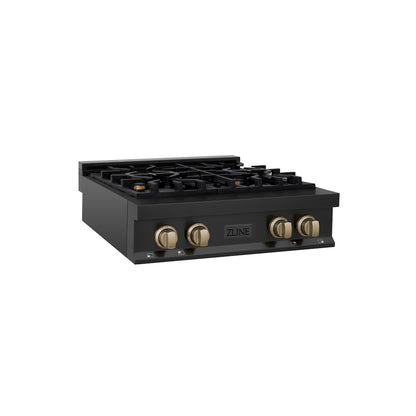 ZLINE Autograph Edition 30 in. Legacy Gas Rangetop with 4 Burners and Porcelain Cooktop in Black Stainless Steel with Champagne Bronze Accents, Open Box-Good Condition