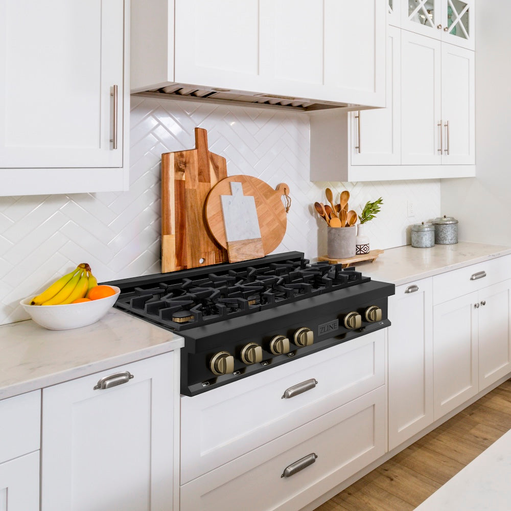 ZLINE Autograph Edition 30 in. Porcelain Rangetop with 4 Gas Burners in Black Stainless Steel and Champagne Bronze Accents (RTBZ-30-CB) 