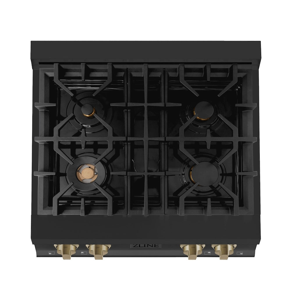 ZLINE Autograph Edition 30 in. Legacy Gas Rangetop with 4 Burners and Porcelain Cooktop in Black Stainless Steel with Champagne Bronze Accents (RTBZ-30-CB) from above, showing cooking surface.