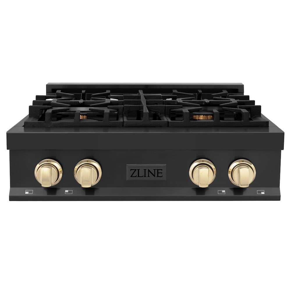 ZLINE Autograph Edition 30 in. Porcelain Rangetop with 4 Gas Burners in Black Stainless Steel and Polished Gold Accents (RTBZ-30-G) front.