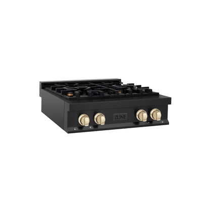 ZLINE Autograph Edition 30 in. Legacy Gas Rangetop with 4 Burners and Porcelain Cooktop in Black Stainless Steel with Polished Gold Accents, Open Box-Good Condition