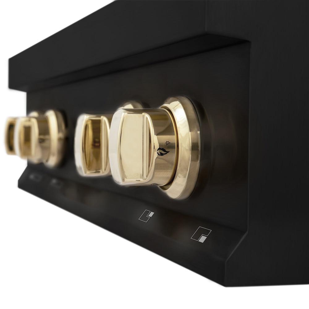 ZLINE Autograph Edition 30 in. Porcelain Rangetop with 4 Gas Burners in Black Stainless Steel and Polished Gold Accents (RTBZ-30-G) close-up cooktop knob.