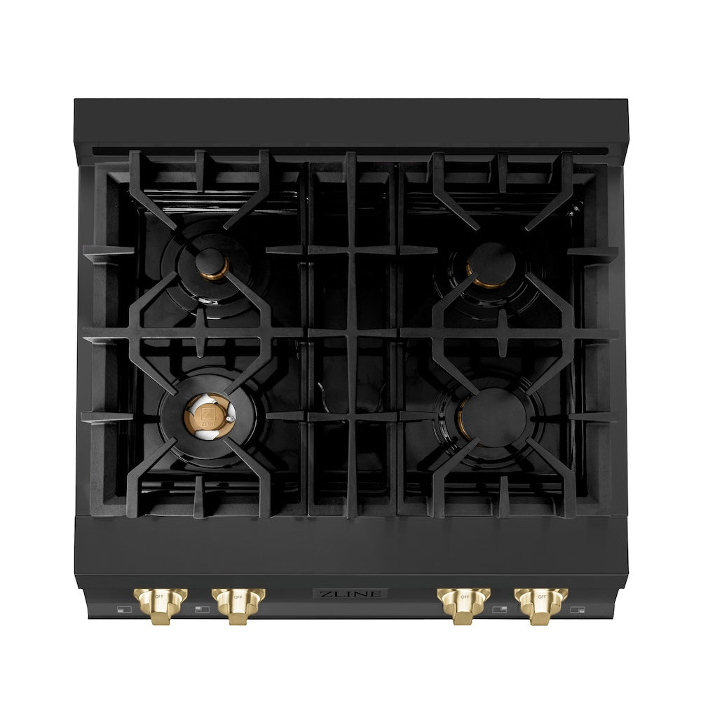 ZLINE Autograph Edition 30 in. Porcelain Rangetop with 4 Gas Burners in Black Stainless Steel and Polished Gold Accents (RTBZ-30-G) from above, showing cooking surface.