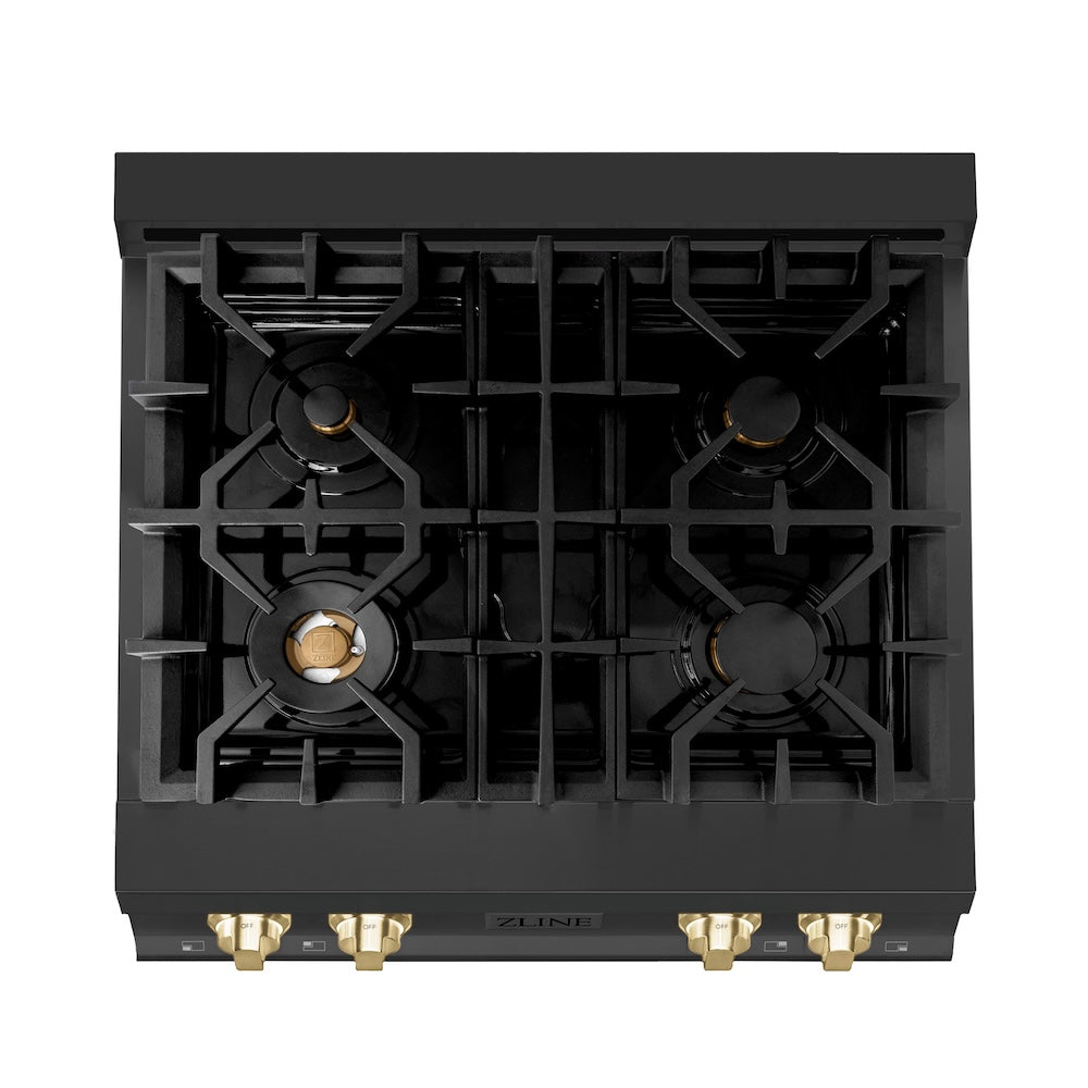 ZLINE Autograph Edition 30 in. Legacy Gas Rangetop with 4 Burners and Porcelain Cooktop in Black Stainless Steel with Polished Gold Accents (RTBZ-30-G) from above, showing cooking surface.