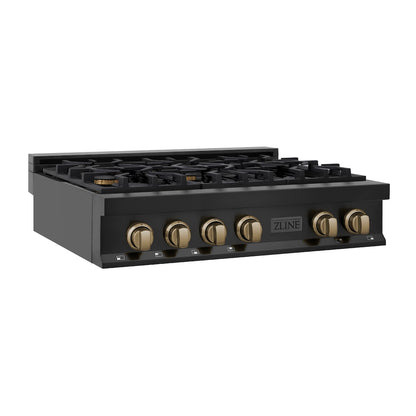 ZLINE Autograph Edition 36 in. Legacy Gas Rangetop with 6 Burners and Porcelain Cooktop in Black Stainless Steel with Champagne Bronze Accents, Open Box-Good Condition