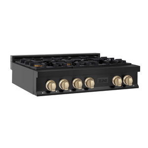 ZLINE Autograph Edition 36 in. Legacy Gas Rangetop with 6 Burners and Porcelain Cooktop in Black Stainless Steel with Polished Gold Accents, Open Box-Great Condition main image.