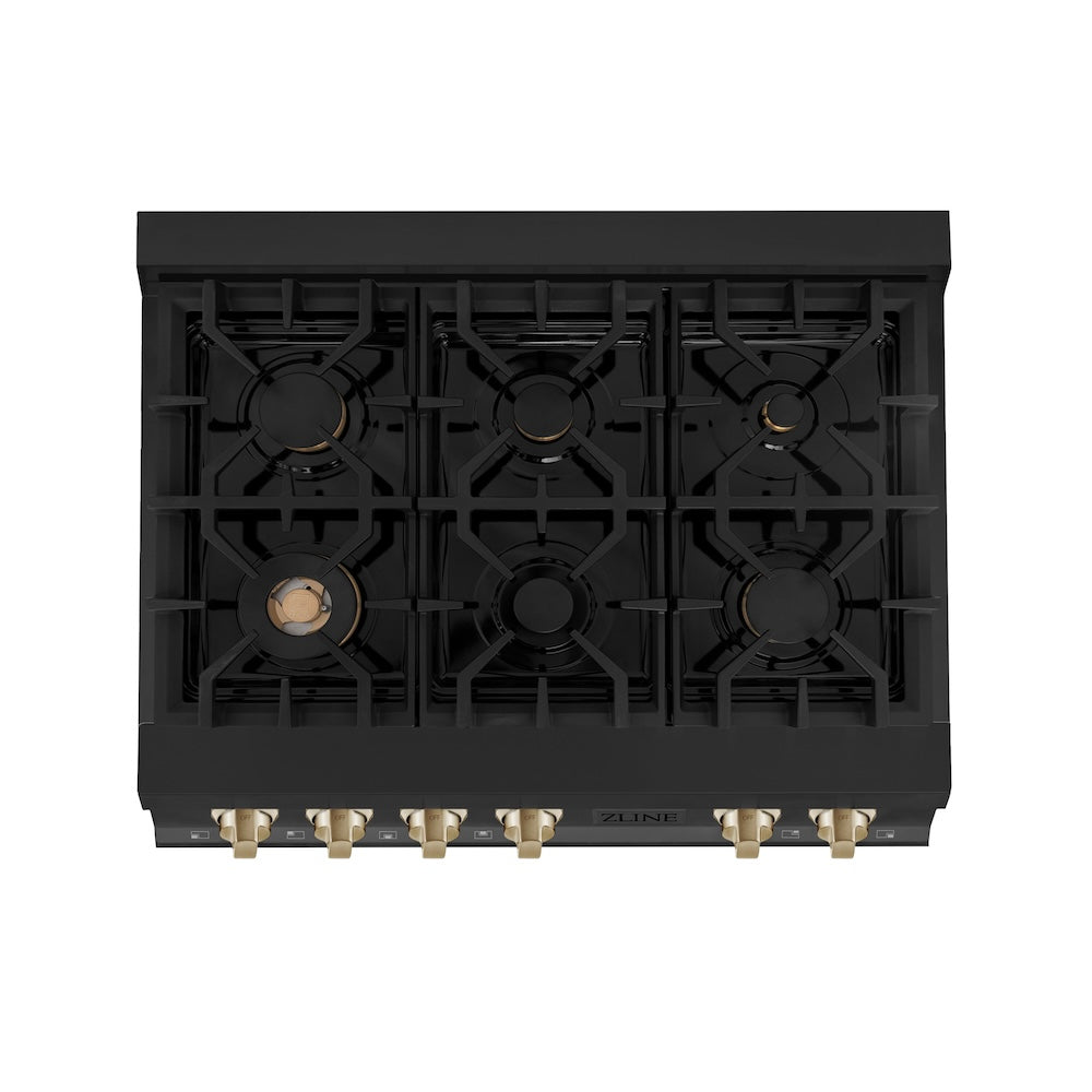 ZLINE Autograph Edition 36 in. Legacy Gas Rangetop with 6 Burners and Porcelain Cooktop in Black Stainless Steel with Polished Gold Accents (RTBZ-36-G) from above, showing cooking surface.