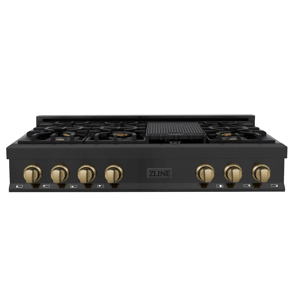 ZLINE Autograph Edition 48 in. Porcelain Rangetop with 7 Gas Burners in Black Stainless Steel and Champagne Bronze Accents (RTBZ-48-CB) front.