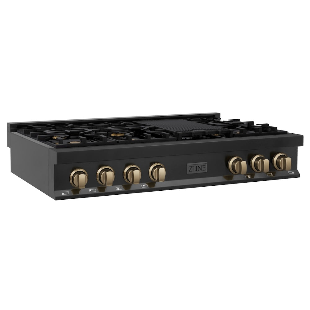 ZLINE Autograph Edition 48 in. Porcelain Rangetop with 7 Gas Burners in Black Stainless Steel and Champagne Bronze Accents (RTBZ-48-CB) side, main.