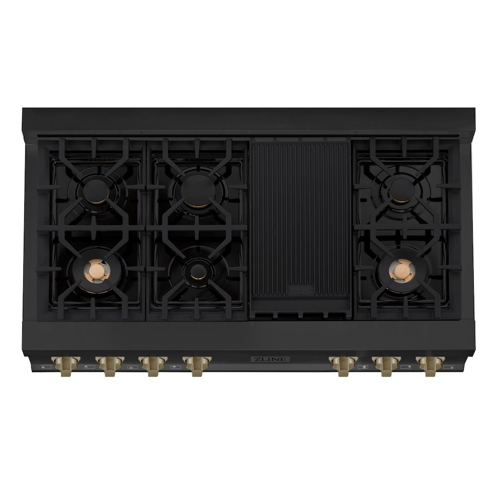 ZLINE Autograph Edition 48 in. Porcelain Rangetop with 7 Gas Burners in Black Stainless Steel and Champagne Bronze Accents (RTBZ-48-CB) from above, showing cooking surface.