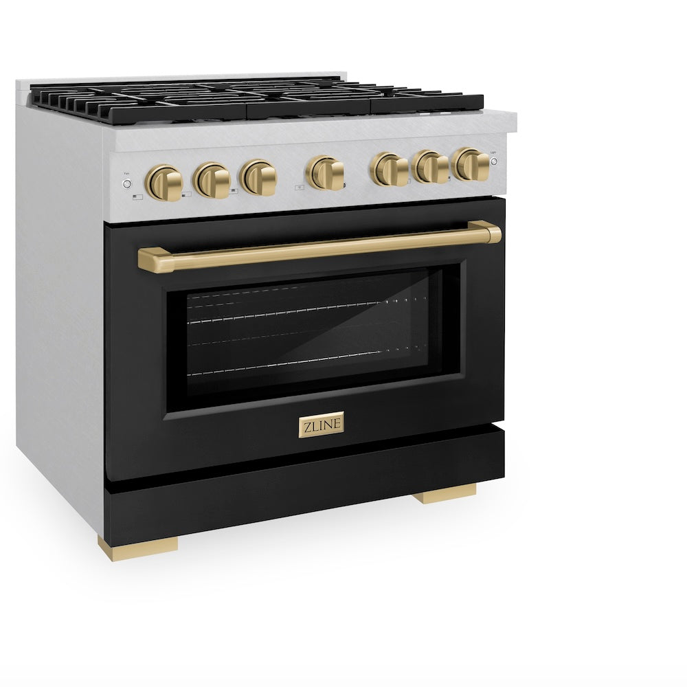 ZLINE Autograph Edition 36 in. 5.2 cu. ft. Paramount Dual Fuel Range with 6 Burner Gas Cooktop and Electric Convection Oven in DuraSnow® Stainless Steel with Black Matte Door and Champagne Bronze Accents (SDRSZ-BLM-36-CB) side, oven closed.